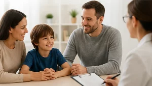 Family meeting with a clinician to discuss a child’s autism testing and developmental evaluation