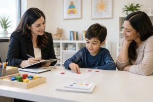 Child completing a structured learning assessment with a psychologist while a parent observes in a supportive office